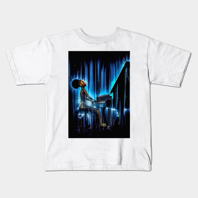 Black girl playing piano Kids T-Shirt by JoeTred